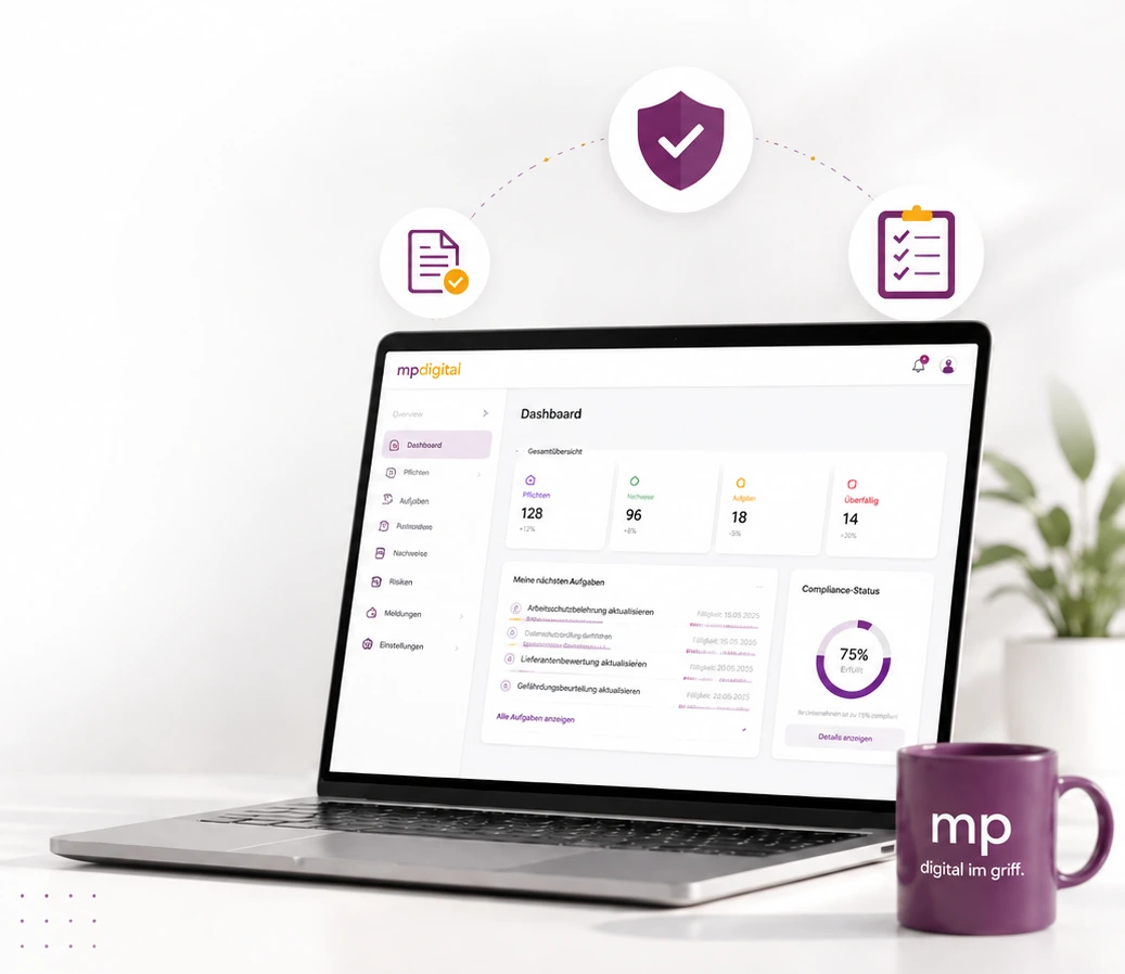 MPdigital-Illustration: Laptop mit Dashboard sowie Symbolen f&uuml;r Schutzaufgaben, Unterweisungen und Nachweise.